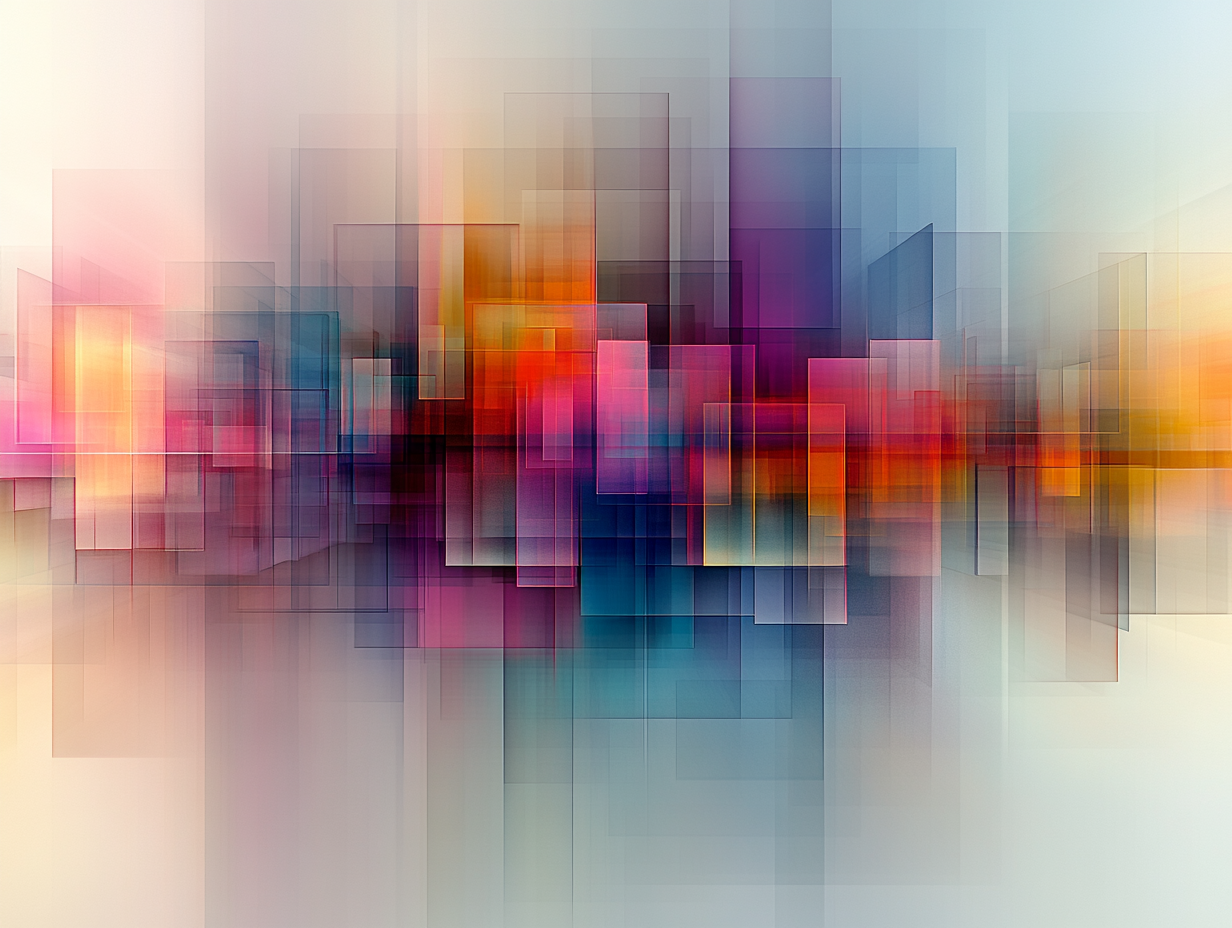 Abstract layered transparencies, geometric forms representing different value systems, minimal color gradients, clean architectural composition, subtle overlap patterns, technological precision