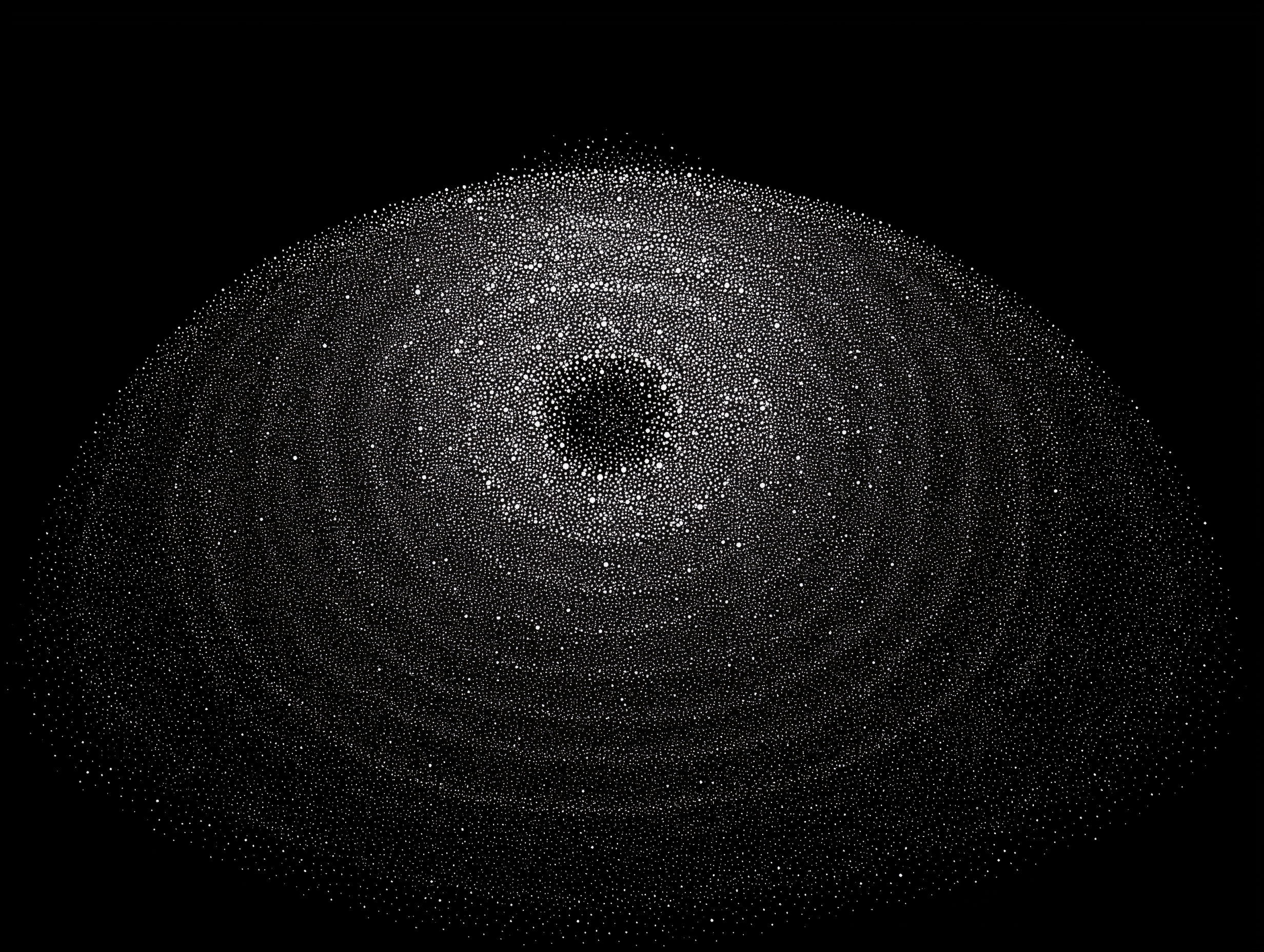 half-dot circle pattern, black background, light colored dots, faint hint of a broader circle in the middle of the image