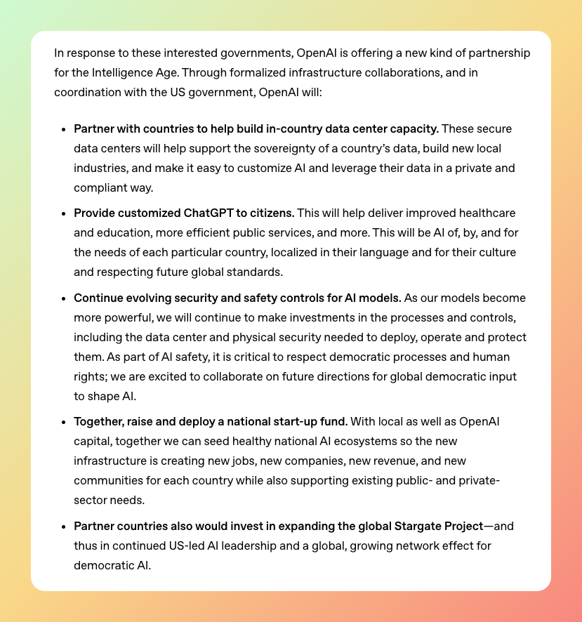 Snapshot of what OpenAI will provide for countires in partnership with USG