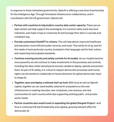 Snapshot of what OpenAI will provide for countries in partnership with USG